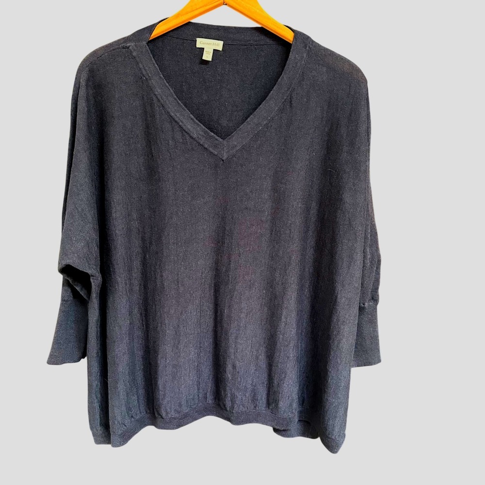 Garnet Hill Women Large Navy 100% Linen V-Neck Dolman Sleeve Sweater